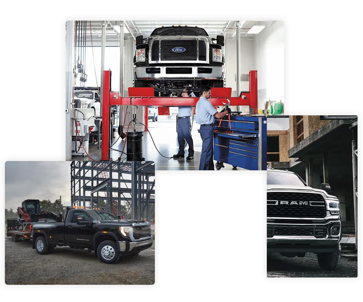 Technician servicing a commercial Ford truck in a service bay